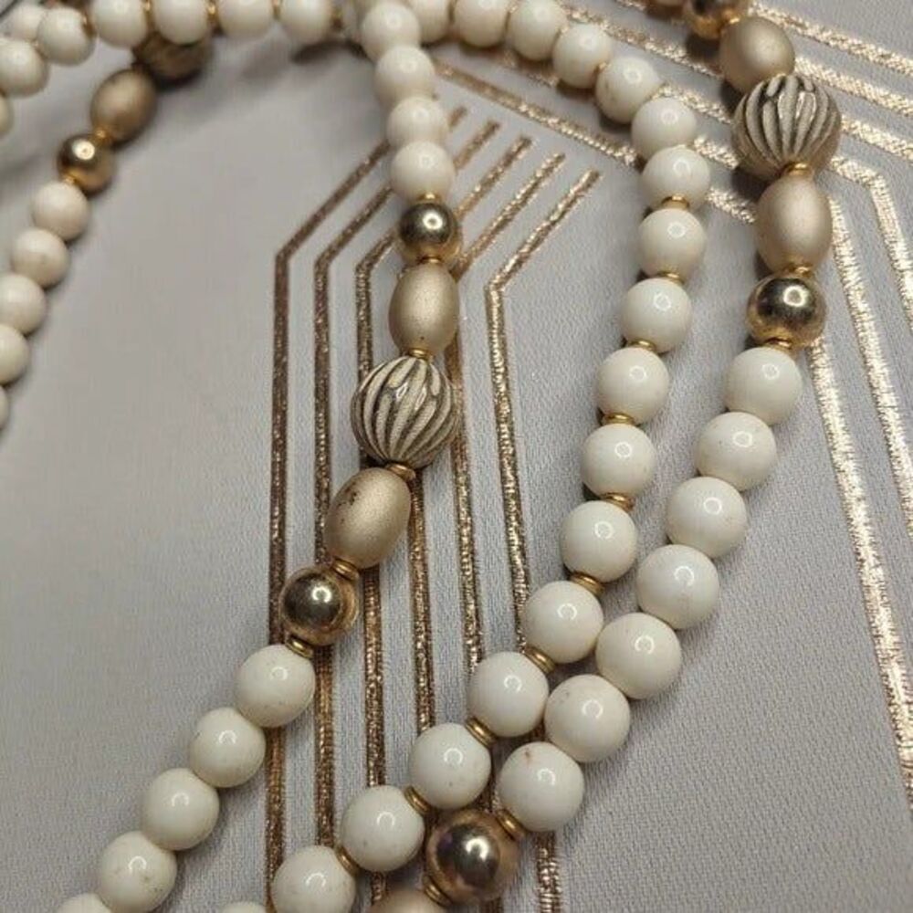 Vintage Alabaster White and Gold Triple Strand Necklace